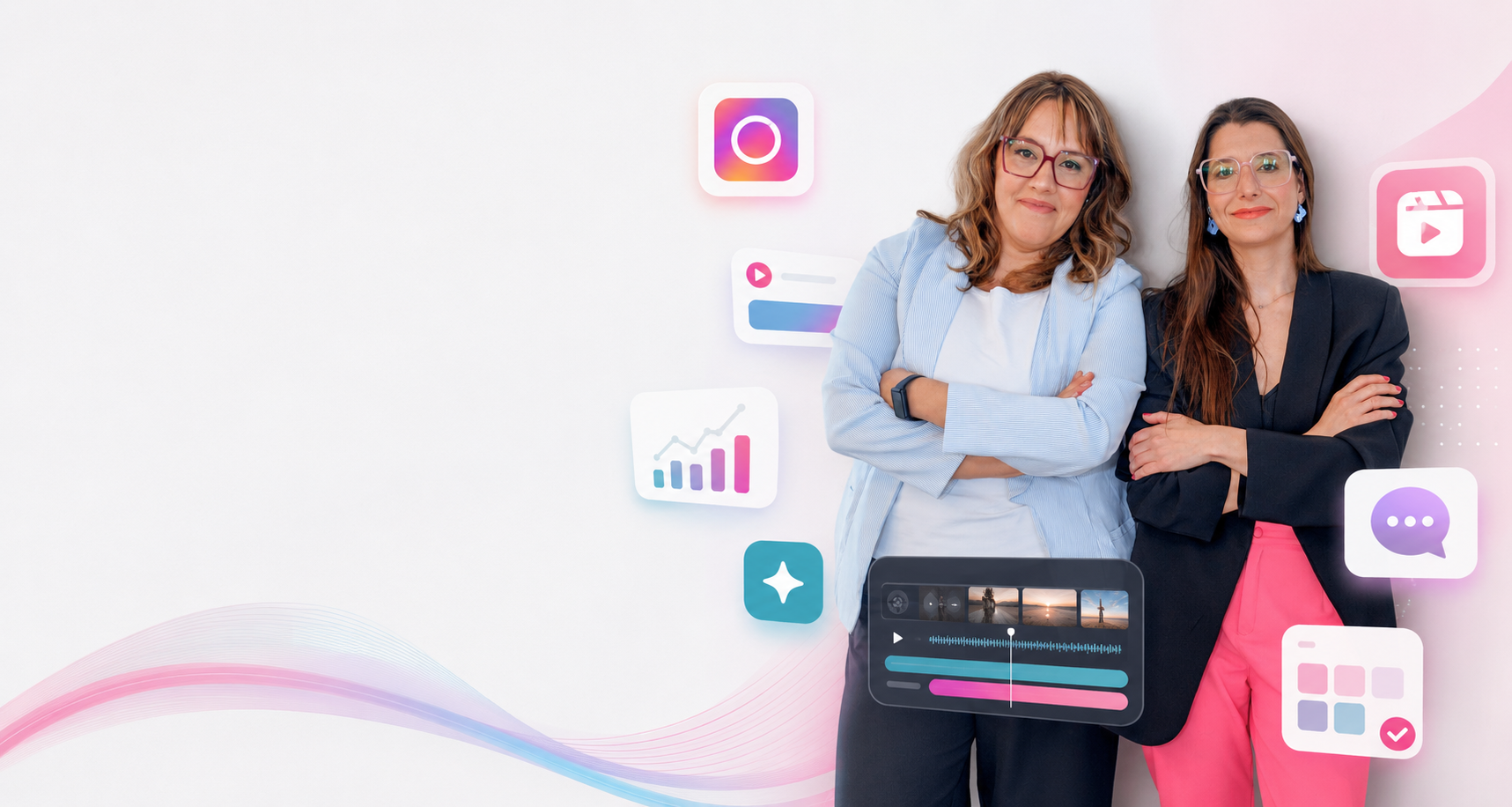 Angie y Ana de Dobleá junto a herramientas de contenido, edición e inteligencia artificial